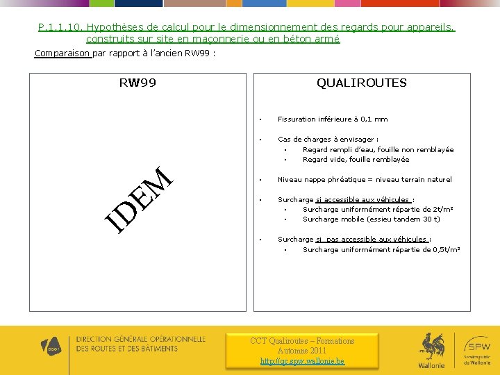 P. 1. 1. 10. Hypothèses de calcul pour le dimensionnement des regards pour appareils,
