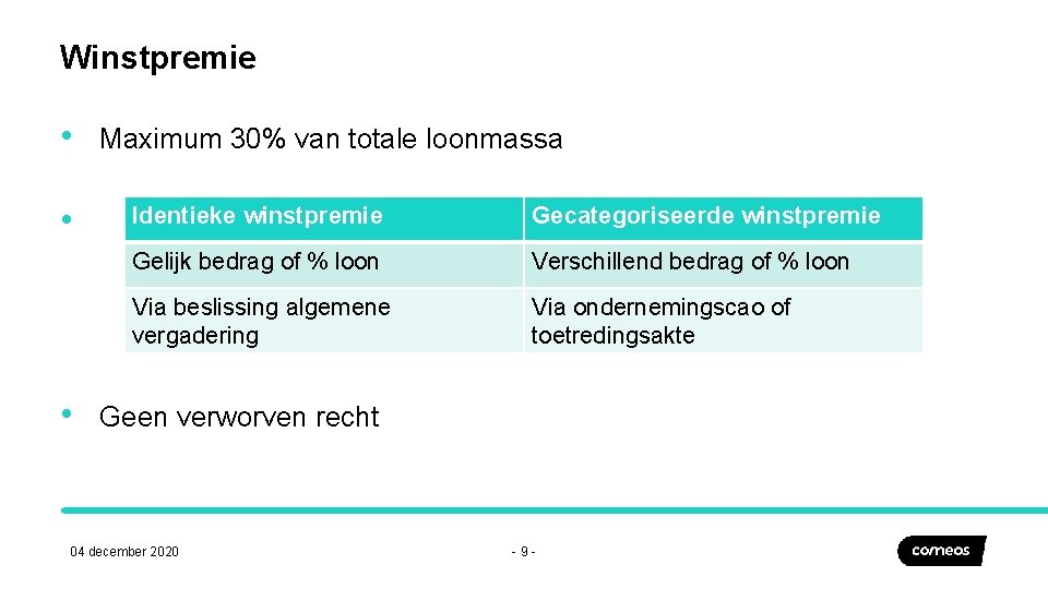 Winstpremie • Maximum 30% van totale loonmassa • Identieke winstpremie • Gecategoriseerde winstpremie Gelijk