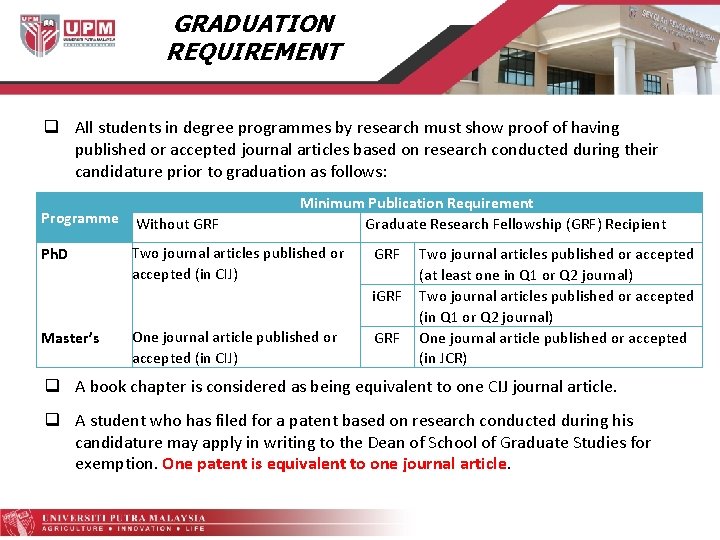 GRADUATION REQUIREMENT q All students in degree programmes by research must show proof of