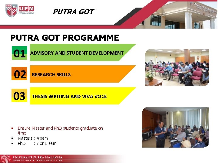 PUTRA GOT PROGRAMME 01 ADVISORY AND STUDENT DEVELOPMENT 02 RESEARCH SKILLS 03 THESIS WRITING