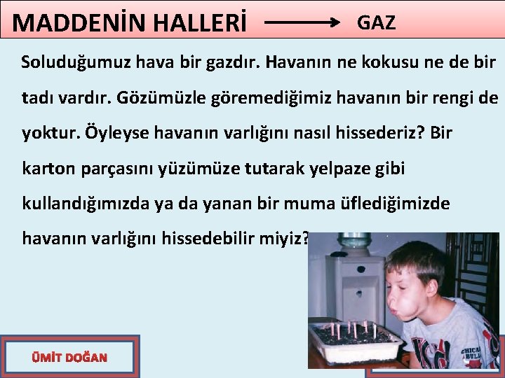 MADDENİN HALLERİ GAZ Soluduğumuz hava bir gazdır. Havanın ne kokusu ne de bir tadı