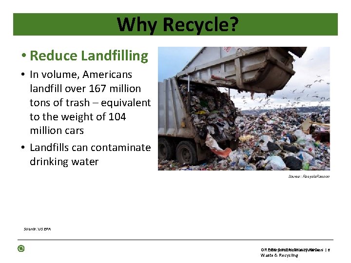 Why Recycle? • Reduce Landfilling • In volume, Americans landfill over 167 million tons