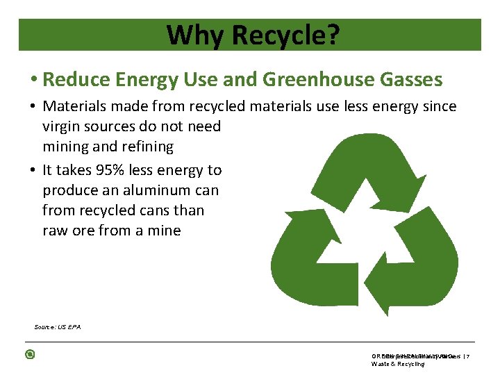 Why Recycle? • Reduce Energy Use and Greenhouse Gasses • Materials made from recycled