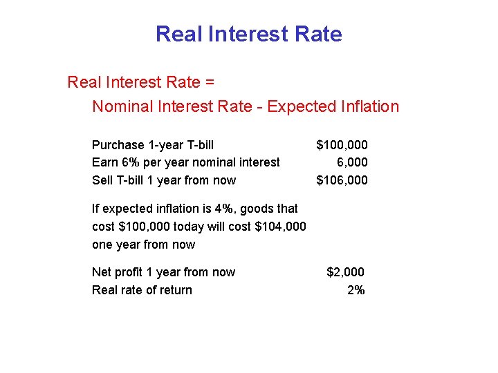 Real Interest Rate = Nominal Interest Rate - Expected Inflation Purchase 1 -year T-bill