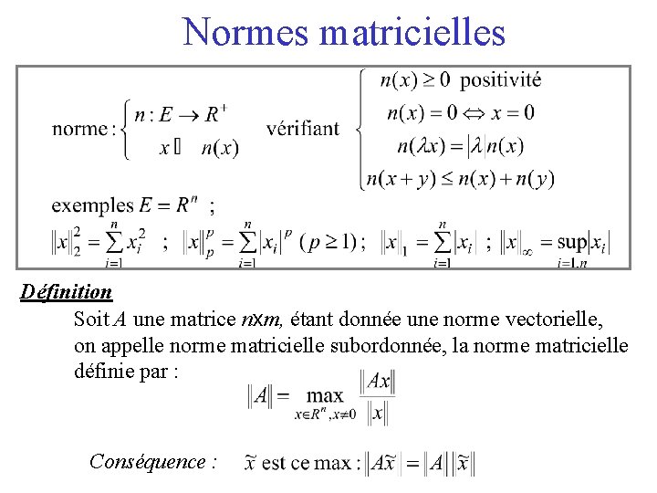 Normes matricielles Définition Soit A une matrice nxm, étant donnée une norme vectorielle, on