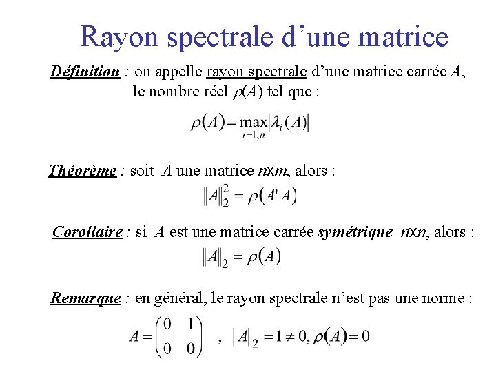 Rayon spectrale d’une matrice Définition : on appelle rayon spectrale d’une matrice carrée A,