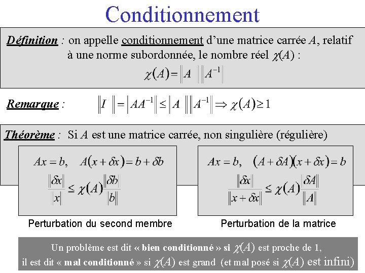 Conditionnement Définition : on appelle conditionnement d’une matrice carrée A, relatif à une norme