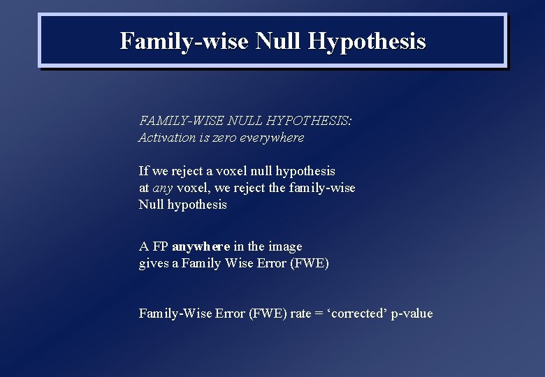 Family-wise Null Hypothesis FAMILY-WISE NULL HYPOTHESIS: Activation is zero everywhere If we reject a