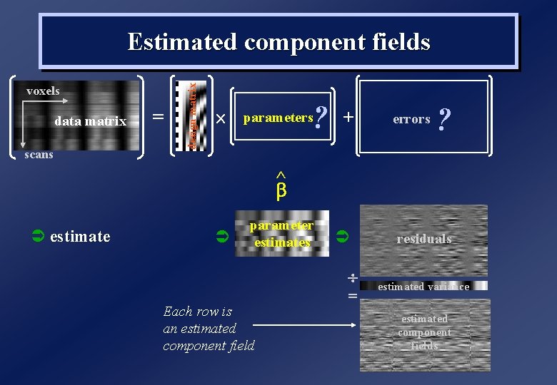 voxels data matrix scans = design matrix Estimated component fields ? parameters + errors