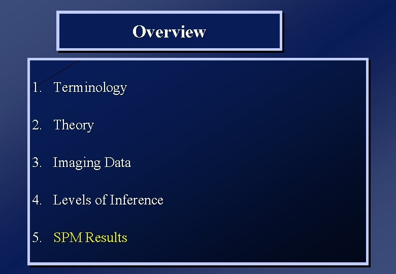 Overview 1. Terminology 2. Theory 3. Imaging Data 4. Levels of Inference 5. SPM