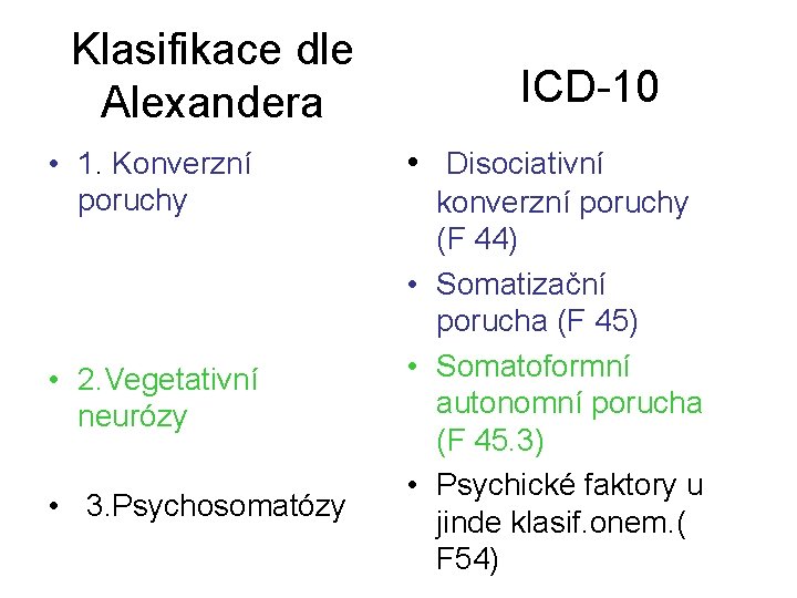 Klasifikace dle Alexandera • 1. Konverzní poruchy • 2. Vegetativní neurózy • 3. Psychosomatózy