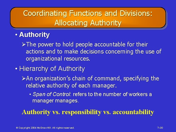 Coordinating Functions and Divisions: Allocating Authority • Authority ØThe power to hold people accountable