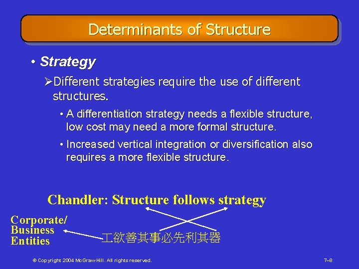 Determinants of Structure • Strategy ØDifferent strategies require the use of different structures. •