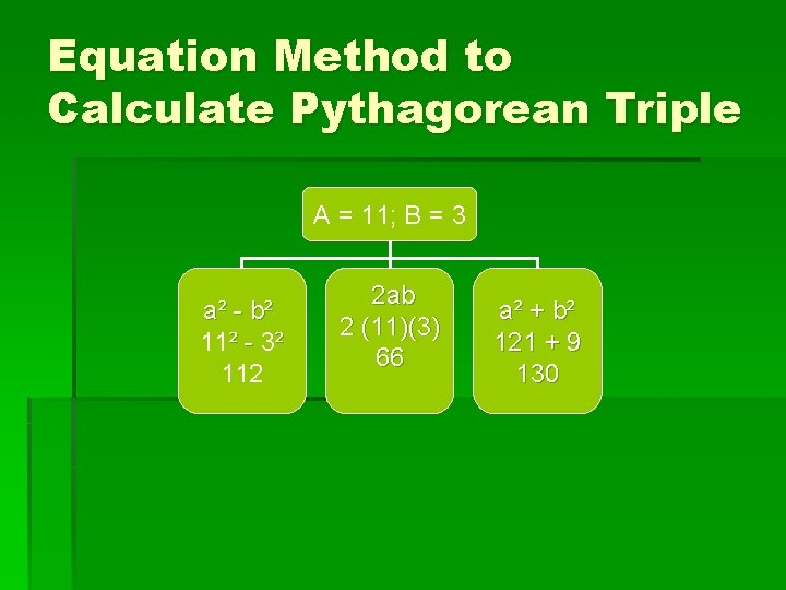 Equation Method to Calculate Pythagorean Triple A = 11; B = 3 a² -