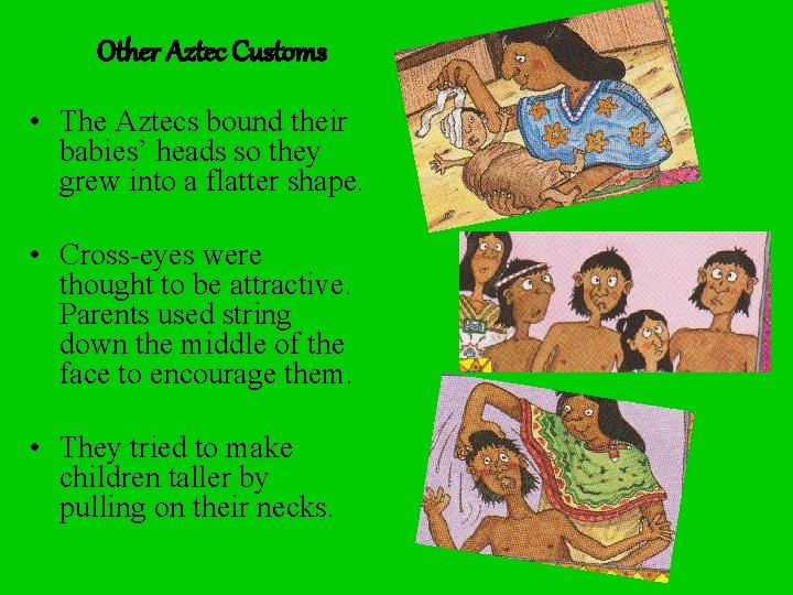 Other Aztec Customs • The Aztecs bound their babies’ heads so they grew into