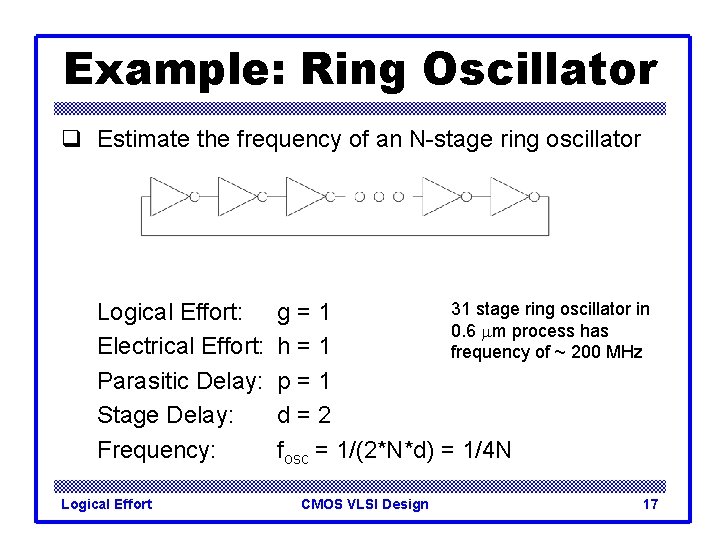 Example: Ring Oscillator q Estimate the frequency of an N-stage ring oscillator Logical Effort: