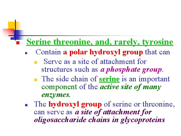 n Serine threonine, and, rarely, tyrosine n n Contain a polar hydroxyl group that