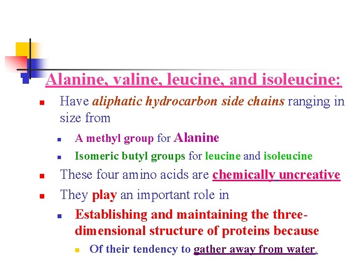 Alanine, valine, leucine, and isoleucine: n n Have aliphatic hydrocarbon side chains ranging in