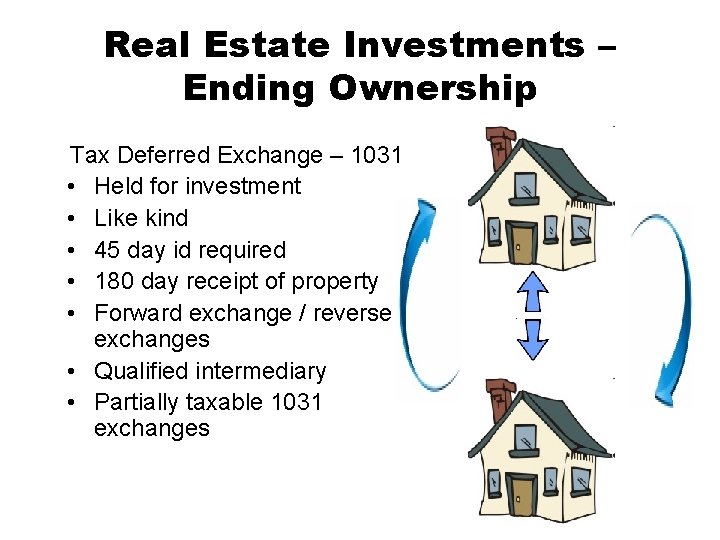 Real Estate Investments – Ending Ownership Tax Deferred Exchange – 1031 • Held for