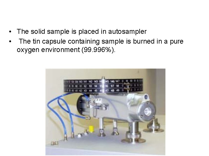  • The solid sample is placed in autosampler • The tin capsule containing