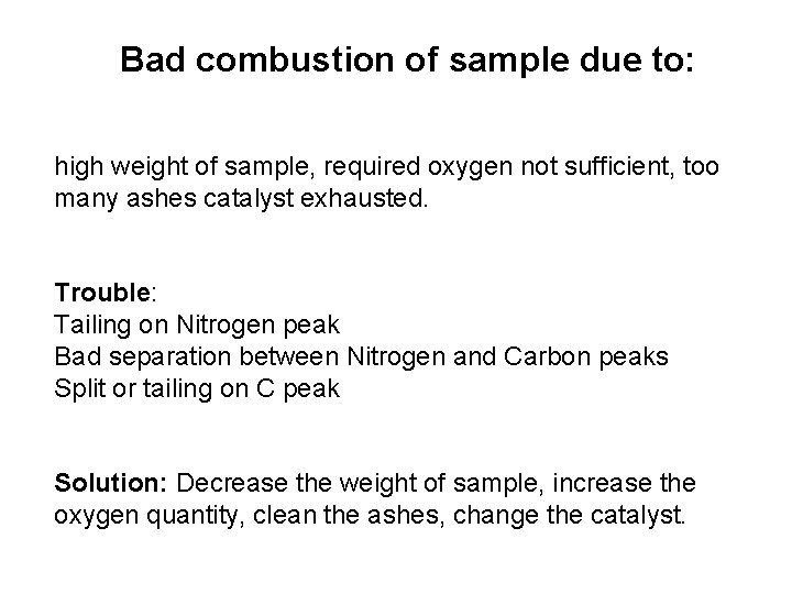 Bad combustion of sample due to: high weight of sample, required oxygen not sufficient,