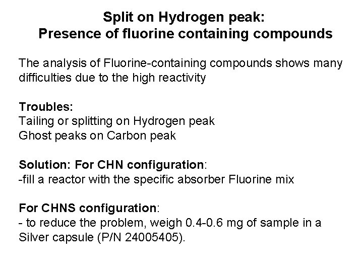 Split on Hydrogen peak: Presence of fluorine containing compounds The analysis of Fluorine-containing compounds