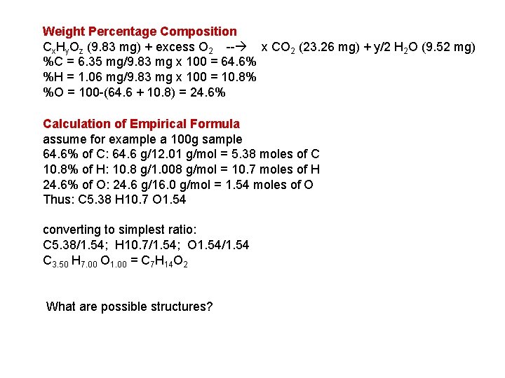 Weight Percentage Composition Cx. Hy. Oz (9. 83 mg) + excess O 2 --