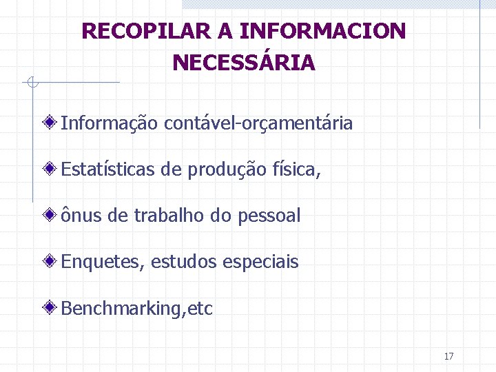 RECOPILAR A INFORMACION NECESSÁRIA Informação contável-orçamentária Estatísticas de produção física, ônus de trabalho do