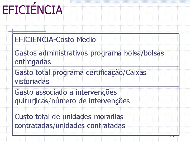 EFICIÉNCIA EFICIENCIA-Costo Medio Gastos administrativos programa bolsa/bolsas entregadas Gasto total programa certificação/Caixas vistoriadas Gasto