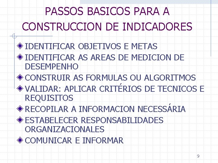 PASSOS BASICOS PARA A CONSTRUCCION DE INDICADORES IDENTIFICAR OBJETIVOS E METAS IDENTIFICAR AS AREAS