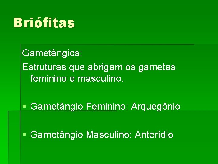 Briófitas Gametângios: Estruturas que abrigam os gametas feminino e masculino. § Gametângio Feminino: Arquegônio