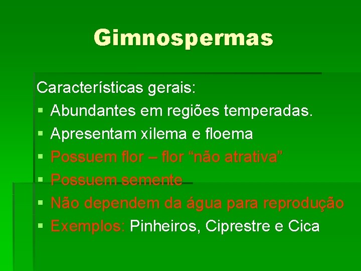 Gimnospermas Características gerais: § Abundantes em regiões temperadas. § Apresentam xilema e floema §