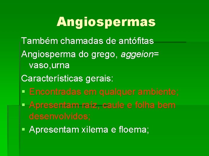 Angiospermas Também chamadas de antófitas Angiosperma do grego, aggeion= vaso, urna Características gerais: §