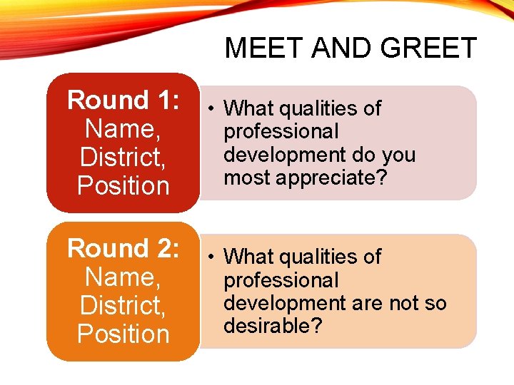 MEET AND GREET Round 1: Name, District, Position • What qualities of professional development