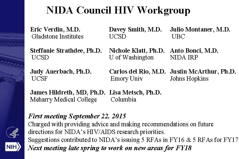 NIDA Council HIV Workgroup Eric Verdin, M. D. Gladstone Institutes Davey Smith, M. D.