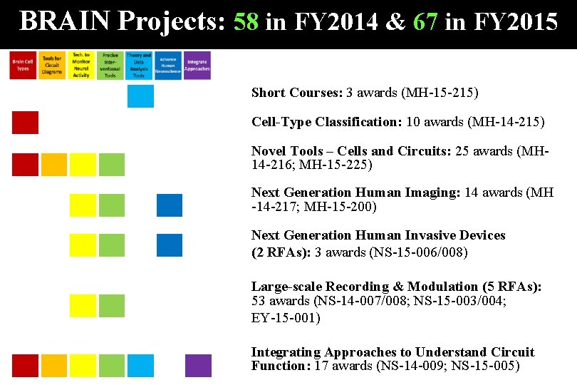 BRAIN Projects: 58 in FY 2014 & 67 in FY 2015 Short Courses: 3