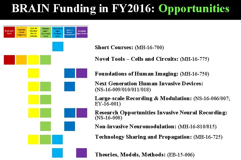 BRAIN Funding in FY 2016: Opportunities Short Courses: (MH-16 -700) Novel Tools – Cells