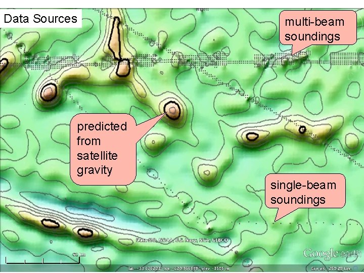 Data Sources multi-beam soundings predicted from satellite gravity single-beam soundings 