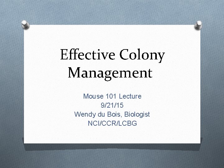 Effective Colony Management Mouse 101 Lecture 9/21/15 Wendy du Bois, Biologist NCI/CCR/LCBG 