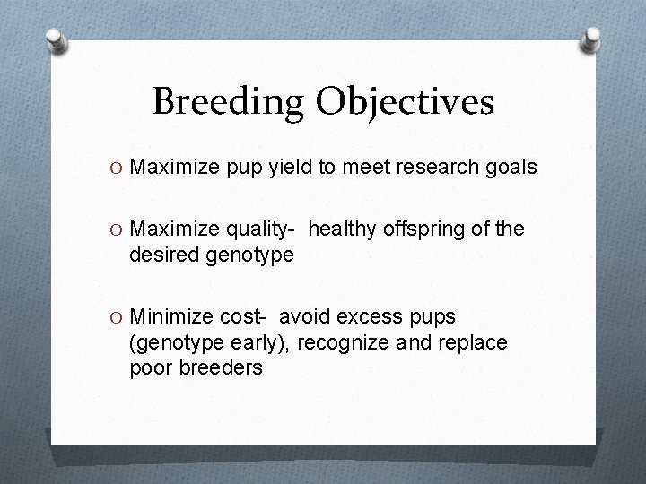 Breeding Objectives O Maximize pup yield to meet research goals O Maximize quality- healthy Breeding Objectives O Maximize pup yield to meet research goals O Maximize quality- healthy
