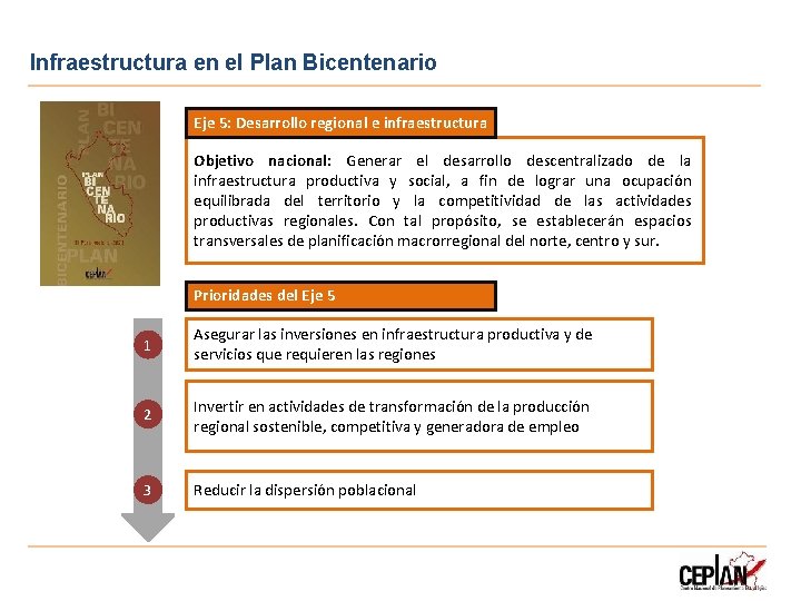Infraestructura en el Plan Bicentenario Eje 5: Desarrollo regional e infraestructura Objetivo nacional: Generar