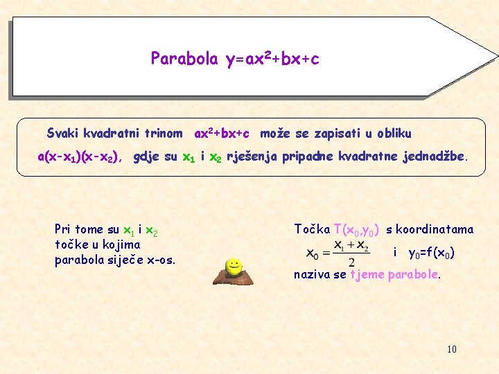 Parabola y=ax 2+bx+c Svaki kvadratni trinom ax 2+bx+c može se zapisati u obliku a(x-x