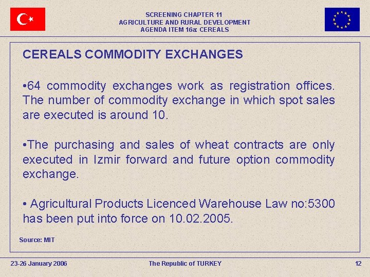 SCREENING CHAPTER 11 AGRICULTURE AND RURAL DEVELOPMENT AGENDA ITEM 16 a: CEREALS COMMODITY EXCHANGES