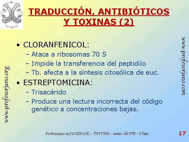 TRADUCCIÓN, ANTIBIÓTICOS Y TOXINAS (2) www. profesorjano. org – Ataca a ribosomas 70 S TRADUCCIÓN, ANTIBIÓTICOS Y TOXINAS (2) www. profesorjano. org – Ataca a ribosomas 70 S