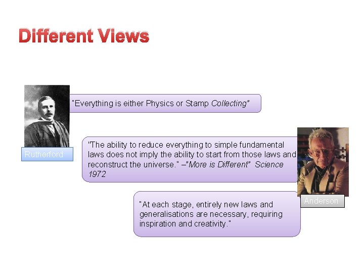 Different Views “Everything is either Physics or Stamp Collecting” Rutherford "The ability to reduce
