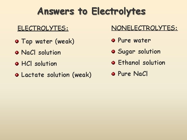 Answers to Electrolytes ELECTROLYTES: NONELECTROLYTES: Tap water (weak) Pure water Na. Cl solution Sugar