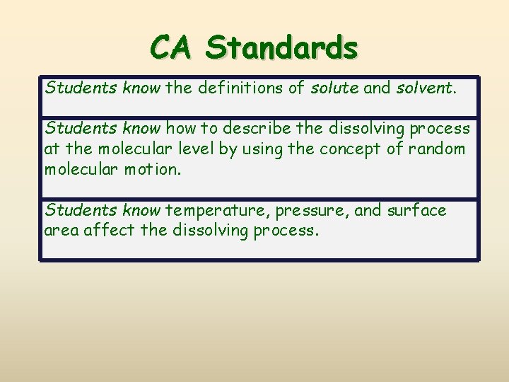 CA Standards Students know the definitions of solute and solvent. Students know how to