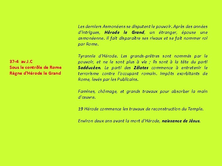 Les derniers Asmonéens se disputent le pouvoir. Après des années d'intrigues, Hérode le Grand,
