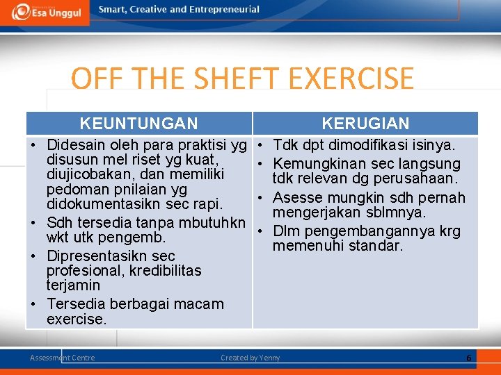 OFF THE SHEFT EXERCISE KEUNTUNGAN KERUGIAN • Didesain oleh para praktisi yg disusun mel