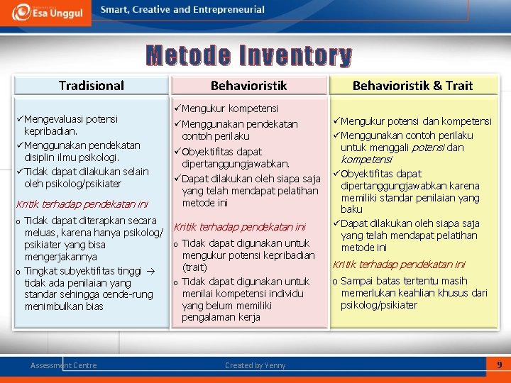 Metode Inventory Tradisional ü Mengevaluasi potensi kepribadian. ü Menggunakan pendekatan disiplin ilmu psikologi. ü